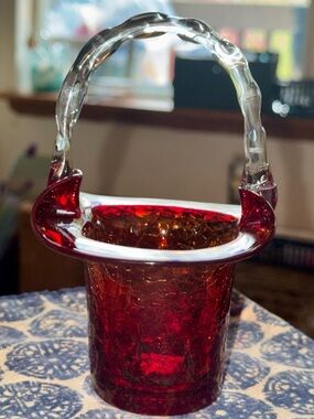 Red Crackle Glass Basket with Clear Handle